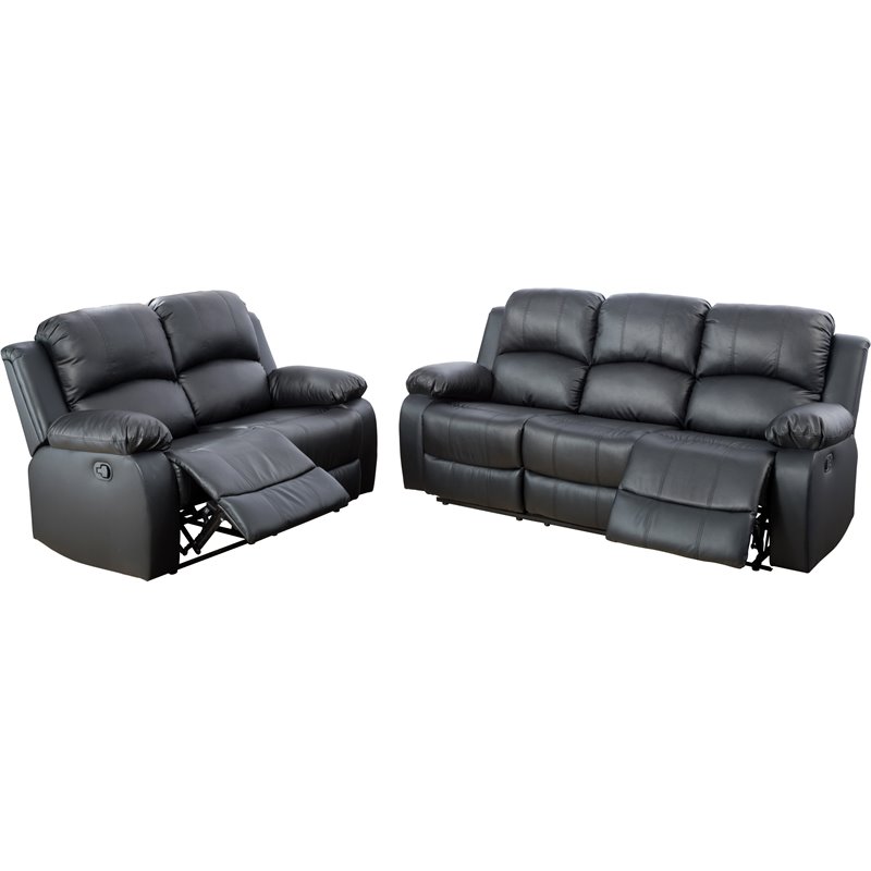 Pemberly Row Contemporary 2-Pieces Faux Leather Recliner Sofa Set in Black