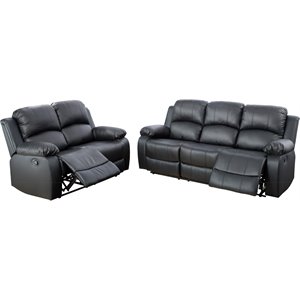 Pemberly Row Contemporary 2-Pieces Faux Leather Recliner Sofa Set in Black