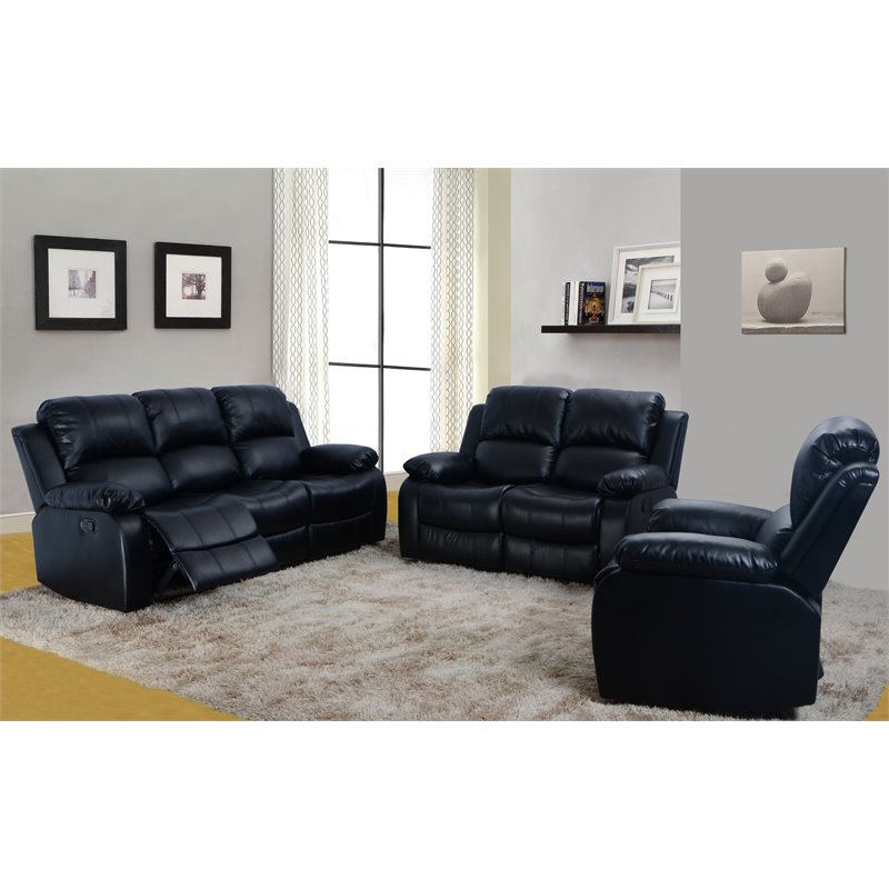 Pemberly Row Contemporary 3-Pieces Faux Leather Recliner Sofa Set in Black