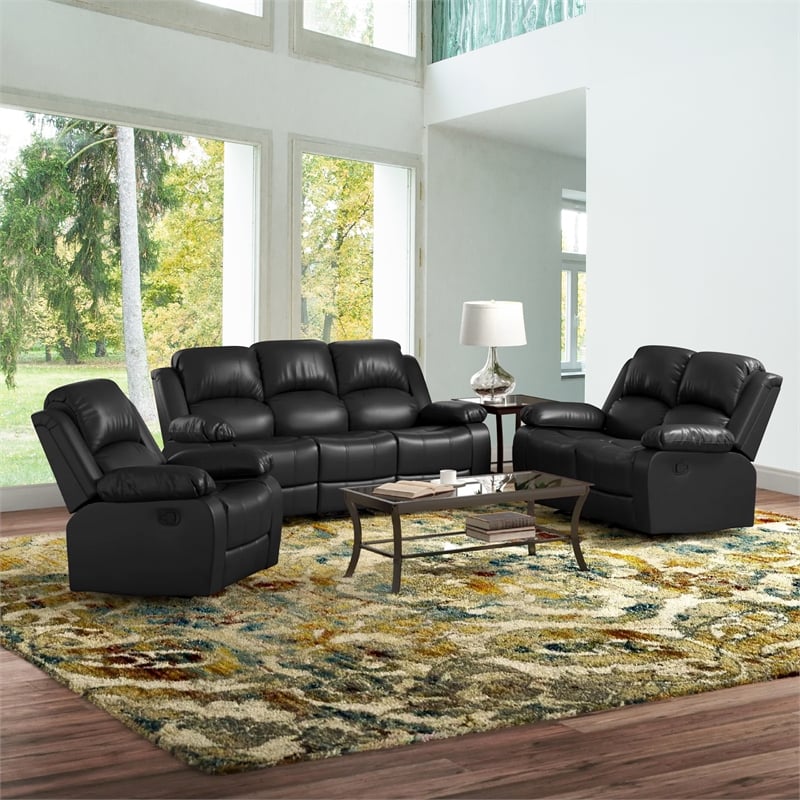 Pemberly Row Contemporary 3-Pieces Faux Leather Recliner Sofa Set in Black