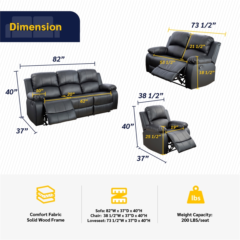 Pemberly Row Contemporary 3-Pieces Faux Leather Recliner Sofa Set in Black