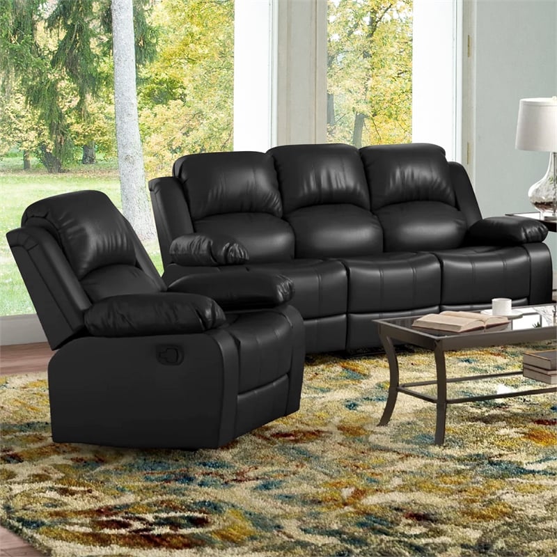 Pemberly Row Contemporary 3-Pieces Faux Leather Recliner Sofa Set in Black