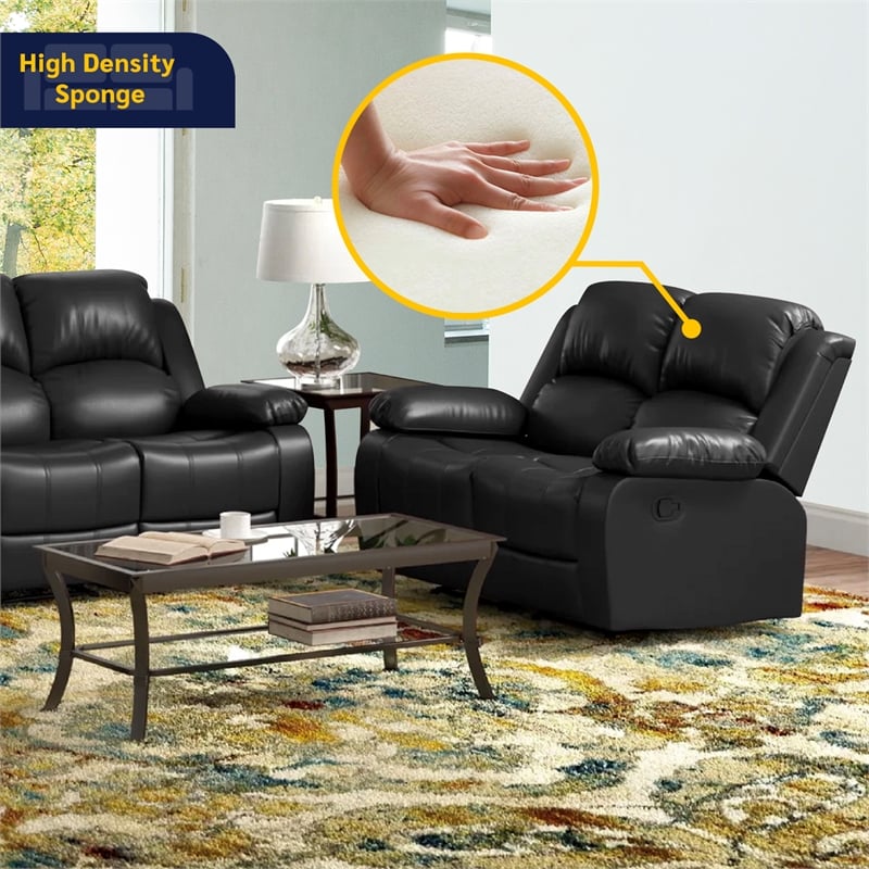 Pemberly Row Contemporary 3-Pieces Faux Leather Recliner Sofa Set in Black