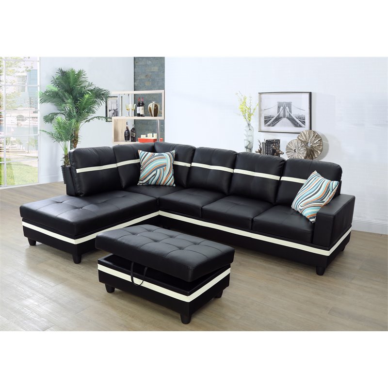Pemberly Row Contemporary Left-Facing Sectional & Ottoman in Black/White