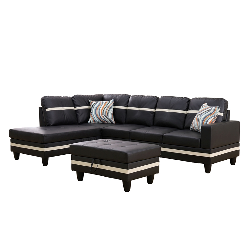Pemberly Row Contemporary Left-Facing Sectional & Ottoman in Black/White