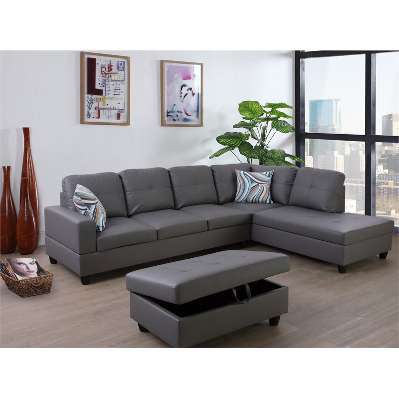 Pemberly Row Contemporary Right-Facing Sectional & Ottoman in Raining Gray