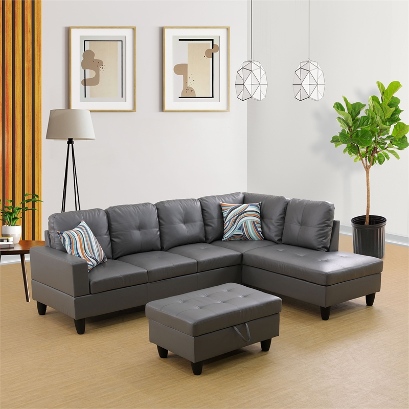 Pemberly Row Contemporary Right-Facing Sectional & Ottoman in Raining Gray