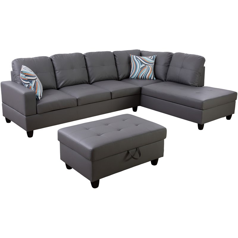 Pemberly Row Contemporary Right-Facing Sectional & Ottoman in Raining Gray