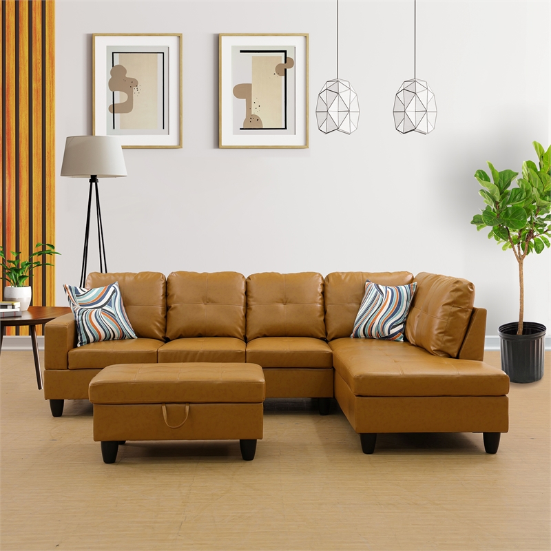 Pemberly Row Contemporary Right-Facing Sectional & Ottoman in Ginger