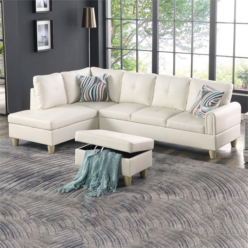 Pemberly Row Faux Leather 3-Piece Left Facing Sectional Set in Off White