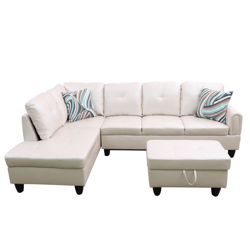 Pemberly Row Faux Leather 3-Piece Left Facing Sectional Set in Off White