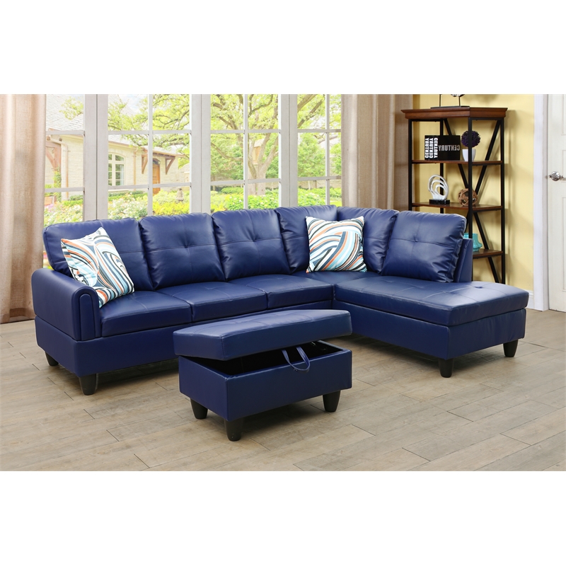 Pemberly Row Faux Leather 3-Piece Right Facing Sectional Set in Navy Blue