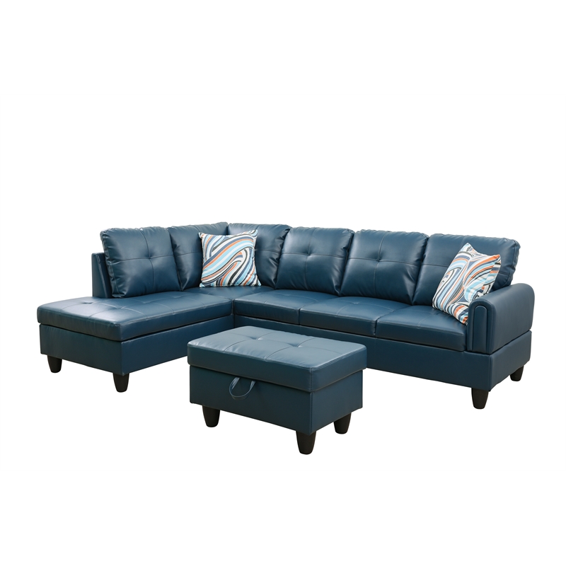 Pemberly Row Contemporary 3PC Faux Leather Sectional with ottoman in Denim