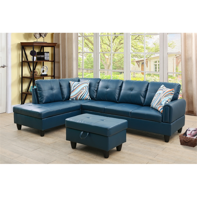 Pemberly Row Contemporary 3PC Faux Leather Sectional with ottoman in Denim