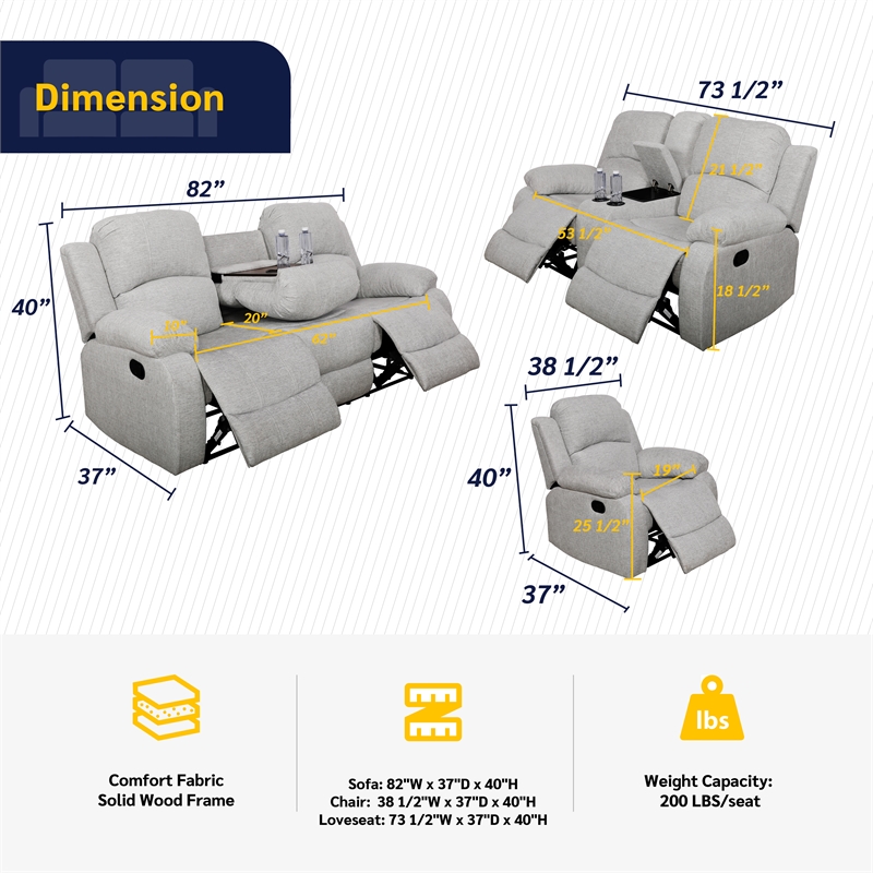 Pemberly Row Contemporary 3-Piece Modern Microfiber Recliner Sofa Set in White