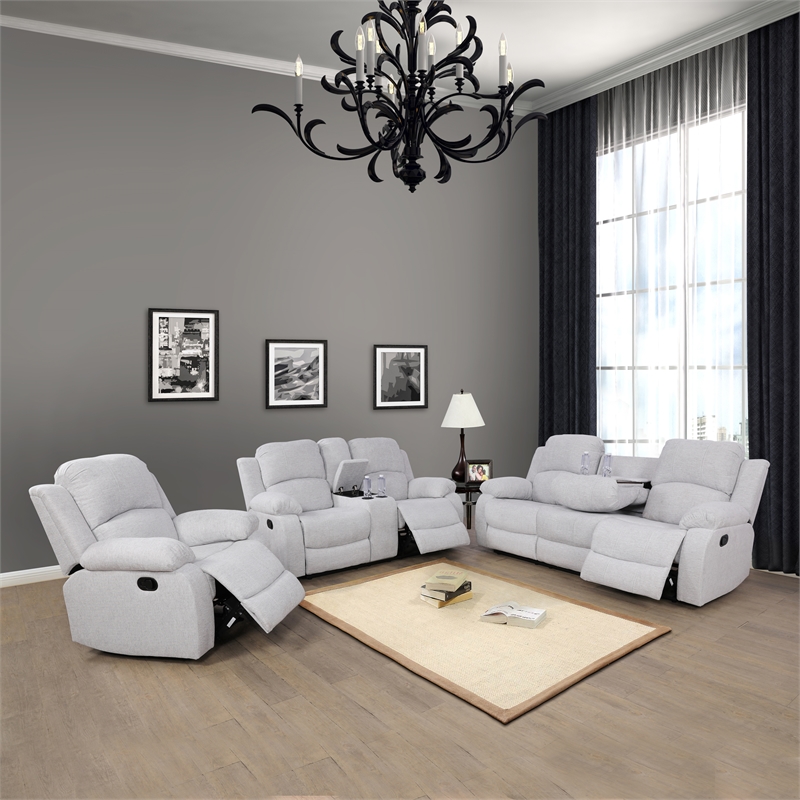Pemberly Row Contemporary 3-Piece Modern Microfiber Recliner Sofa Set in White