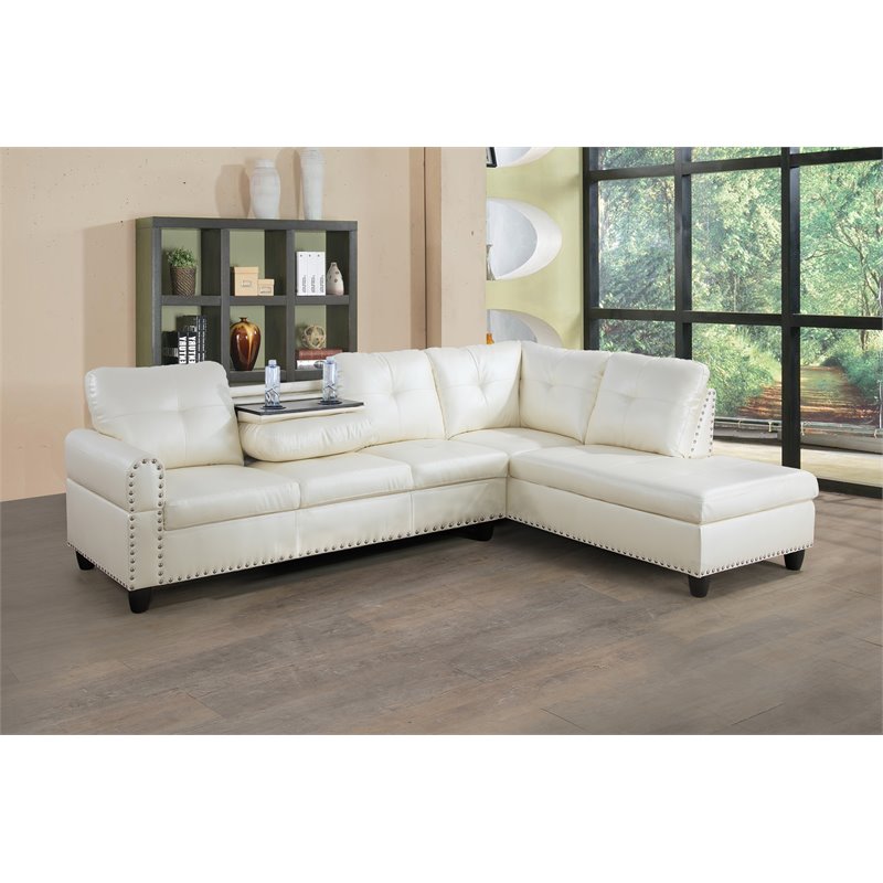 Pemberly Row Contemporary Faux Leather Sectional Sofa in Shiny White
