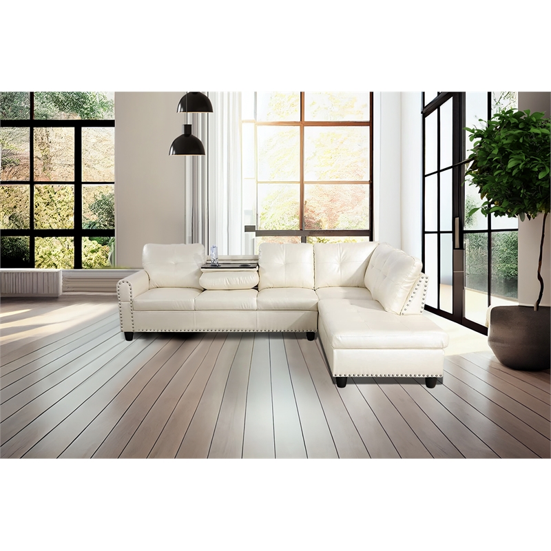 Pemberly Row Contemporary Faux Leather Sectional Sofa in Shiny White