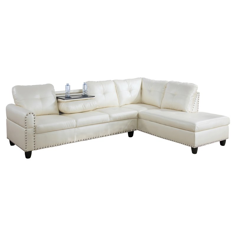 Pemberly Row Contemporary Faux Leather Sectional Sofa in Shiny White