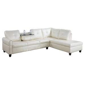 Pemberly Row Contemporary Faux Leather Sectional Sofa in Shiny White