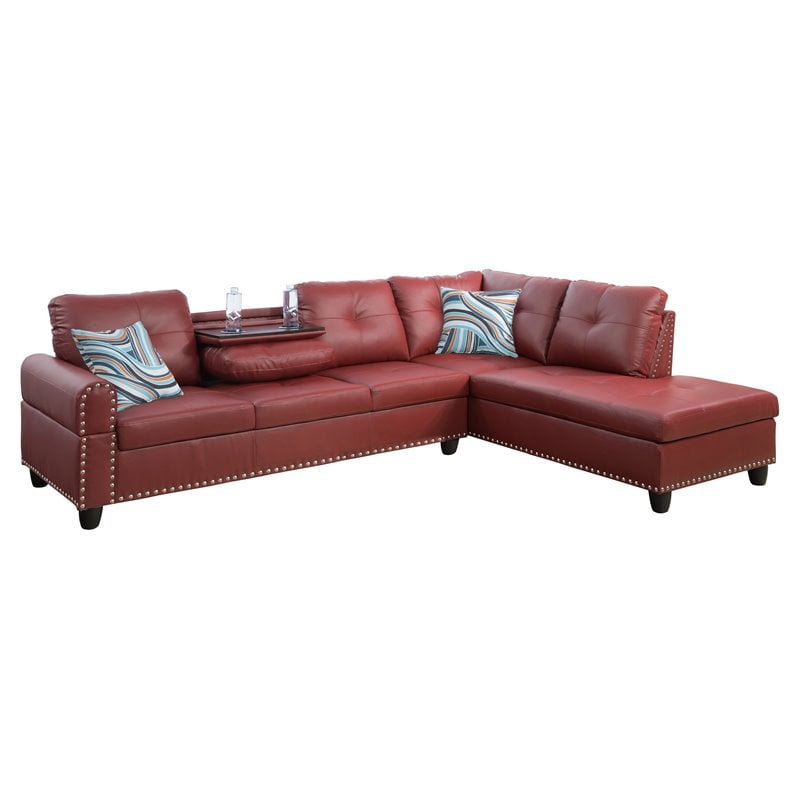 Pemberly Row Contemporary Faux Leather Sectional Sofa in Wine Red