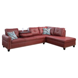 Pemberly Row Contemporary Faux Leather Sectional Sofa in Wine Red