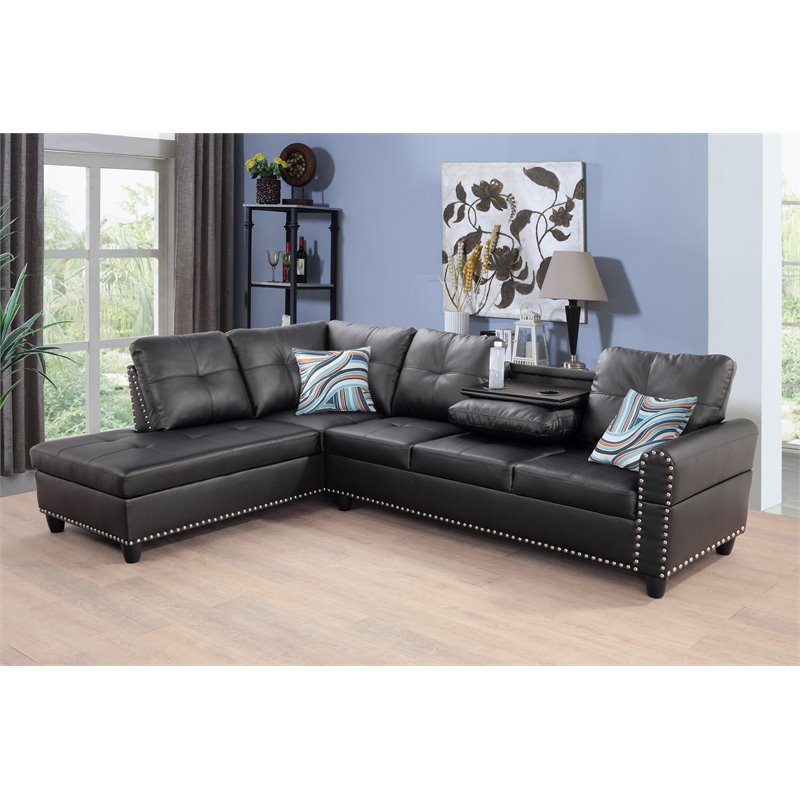 Pemberly Row Contemporary Faux Leather Sectional Sofa in Black