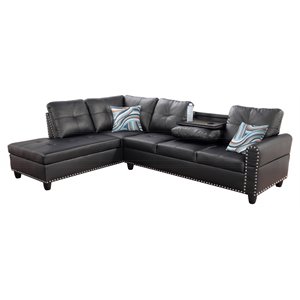 Pemberly Row Contemporary Faux Leather Sectional Sofa in Black