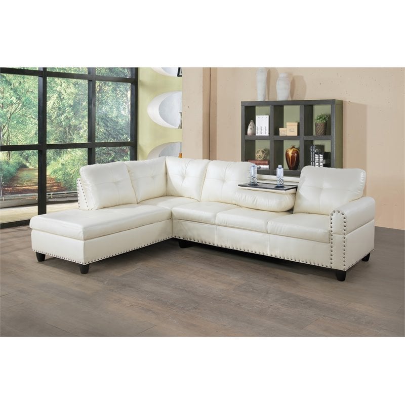 Pemberly Row Contemporary Faux Leather Sectional Sofa in Shiny White