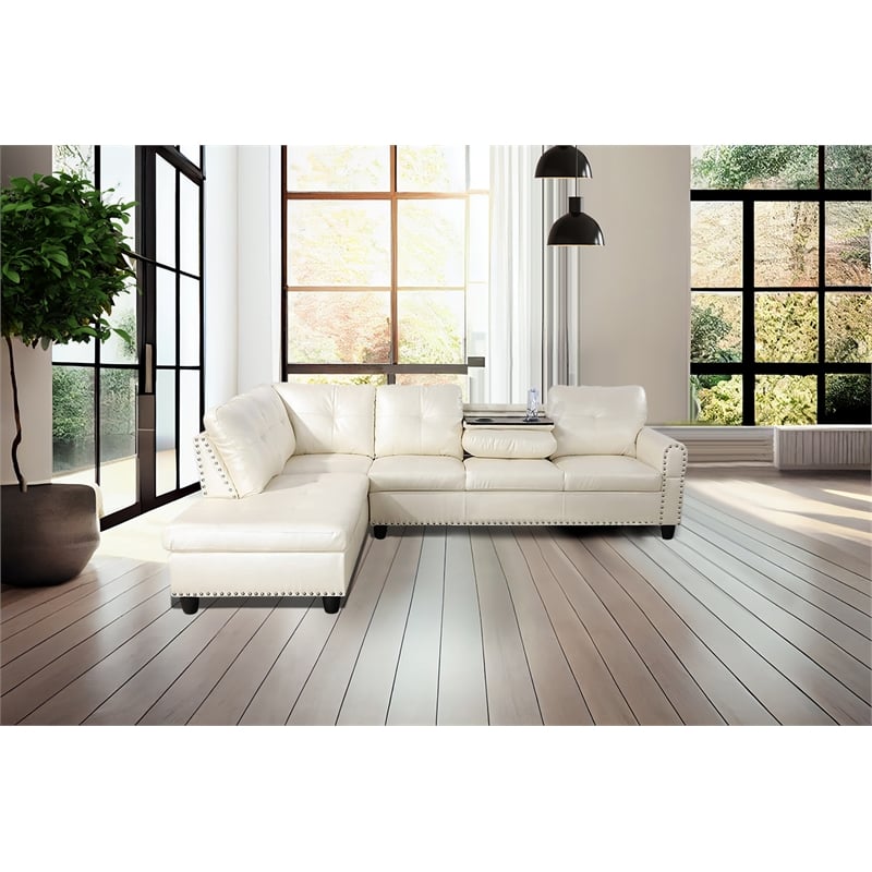 Pemberly Row Contemporary Faux Leather Sectional Sofa in Shiny White