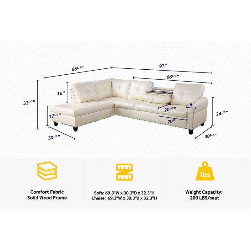 Pemberly Row Contemporary Faux Leather Sectional Sofa in Shiny White