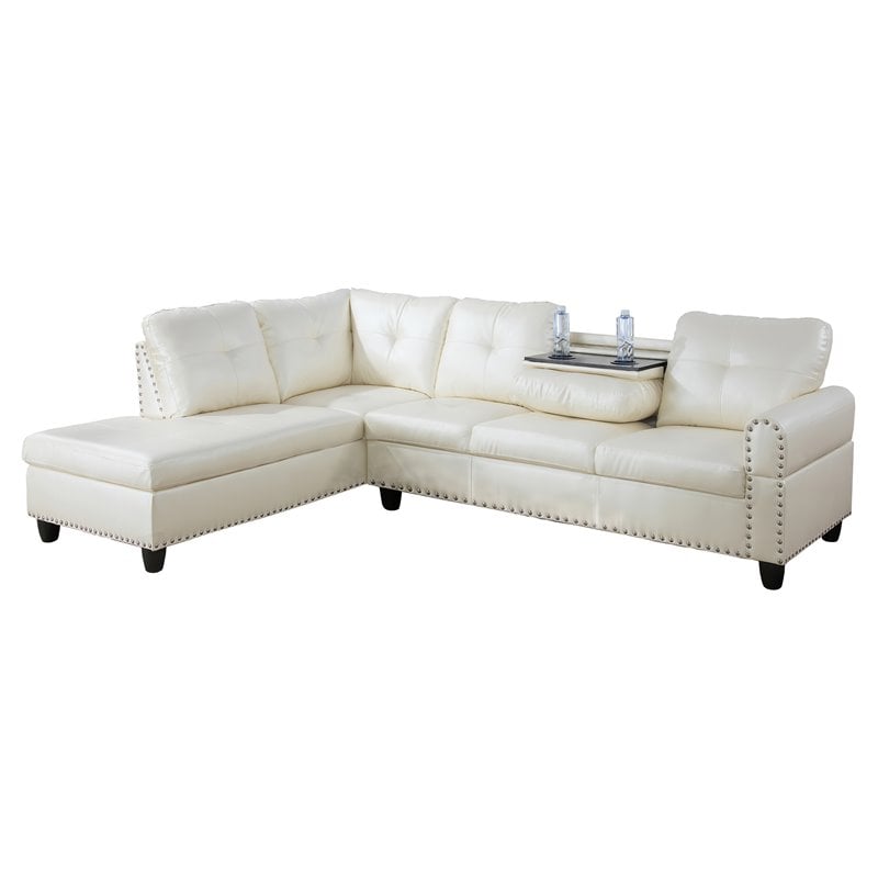 Pemberly Row Contemporary Faux Leather Sectional Sofa in Shiny White
