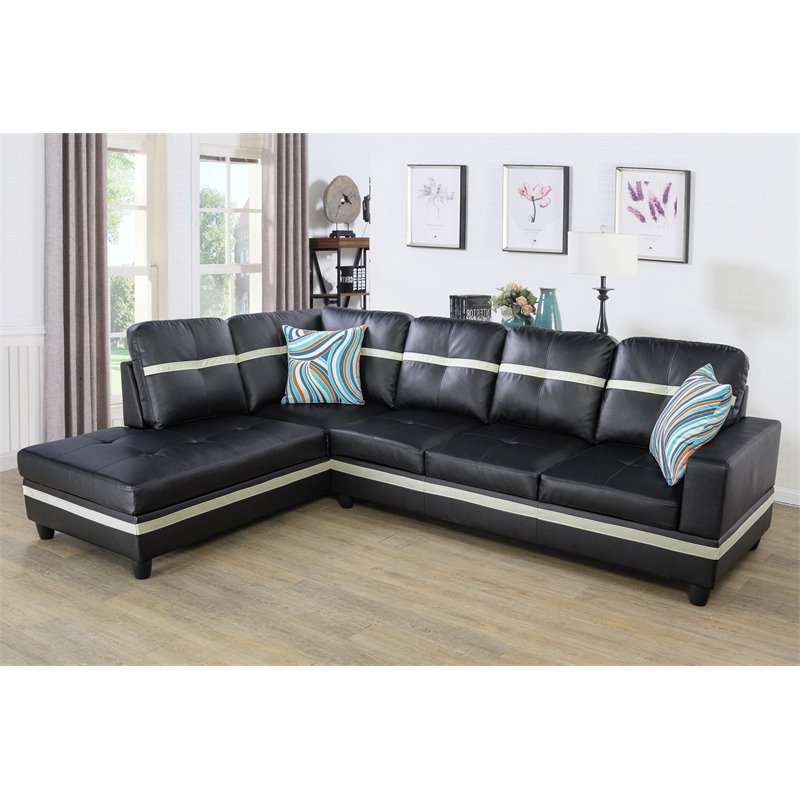 Pemberly Row Contemporary Faux Leather Left Sectional Sofa in Black/White