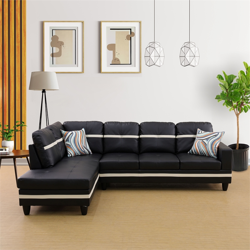 Pemberly Row Contemporary Faux Leather Left Sectional Sofa in Black/White