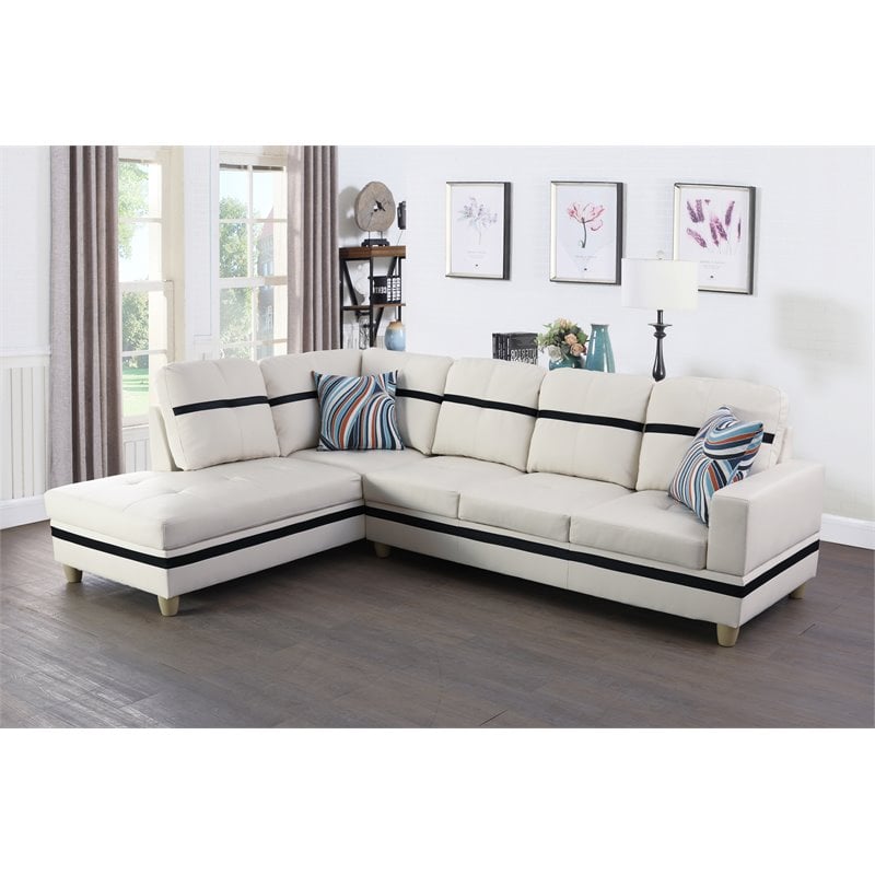Pemberly Row Contemporary Faux Leather Left Sectional Sofa in White and Black