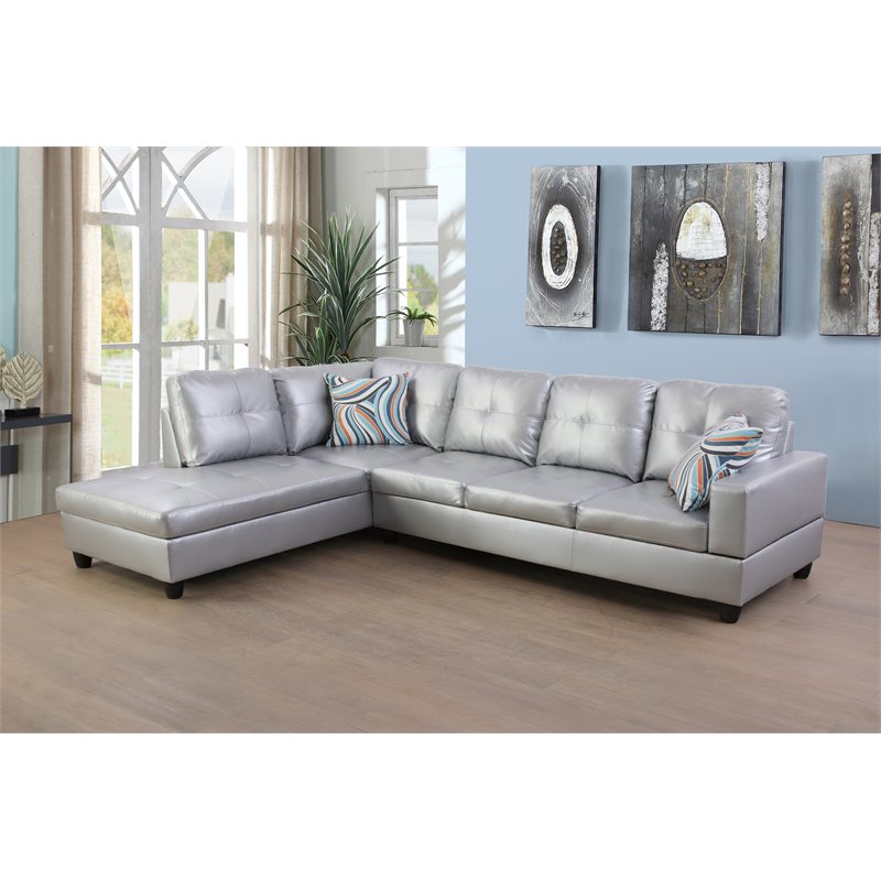 Pemberly Row Contemporary Faux Leather Left Sectional Sofa in Silver White