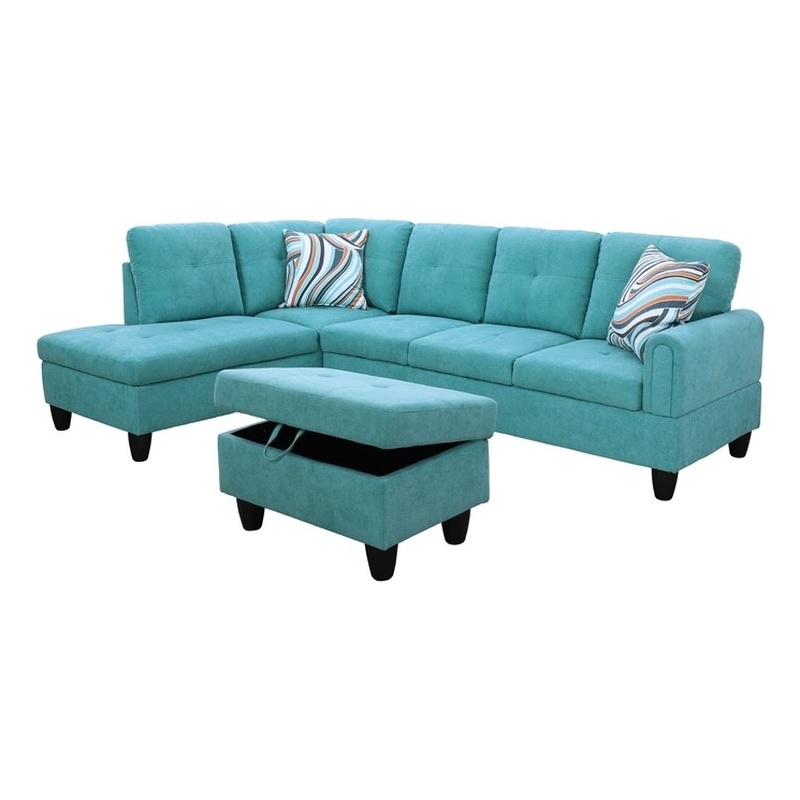 Pemberly Row 3PC Flannelette Sectional Sofa with Ottoman in Sea Green