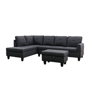 Pemberly Row Contemporary 3PC Linen Sectional Sofa with Ottoman - Black Gray