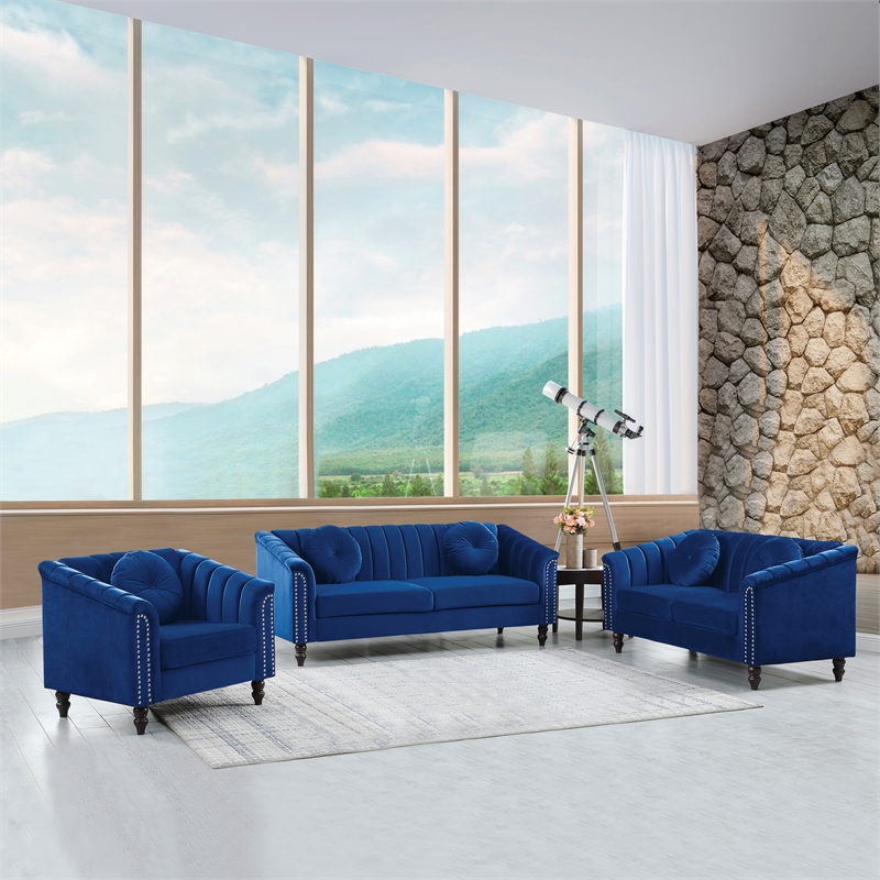 Pemberly Row 3Pcs Blue Modern Velvet Microfiber Living Room Sofa with Pillows