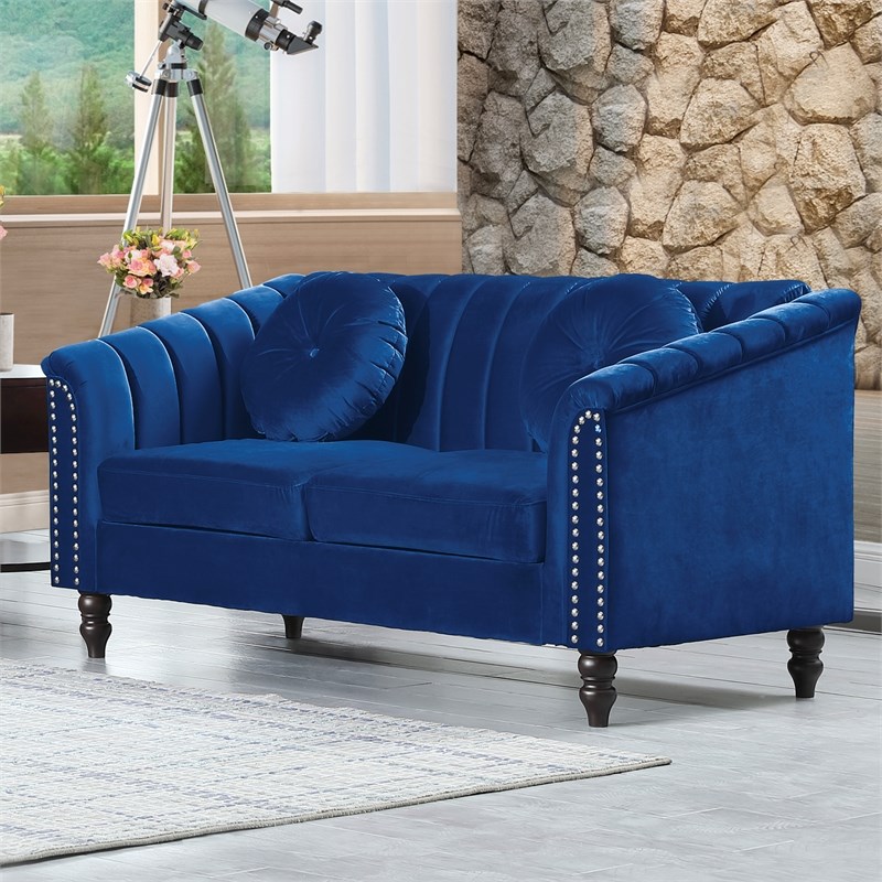Pemberly Row 2PCs Blue Modern Velvet Microfiber Living Room Sofa with Pillows