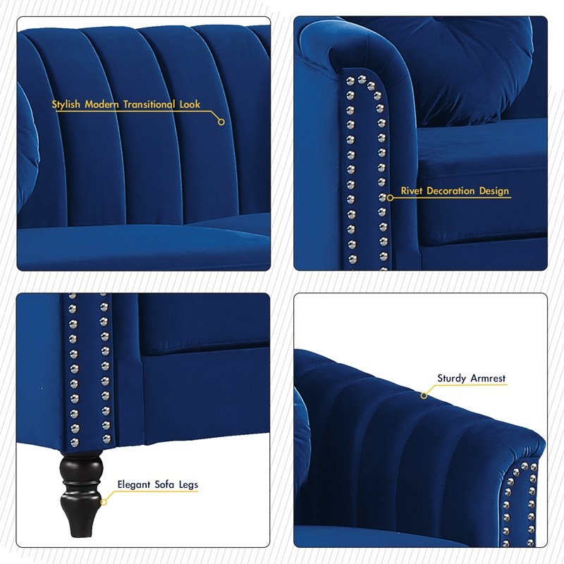 Pemberly Row 2PCs Blue Modern Velvet Microfiber Living Room Sofa with Pillows