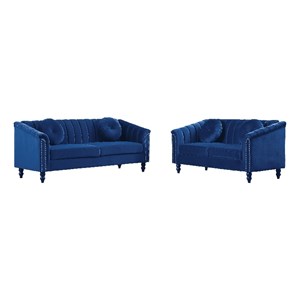 Pemberly Row 2PCs Blue Modern Velvet Microfiber Living Room Sofa with Pillows
