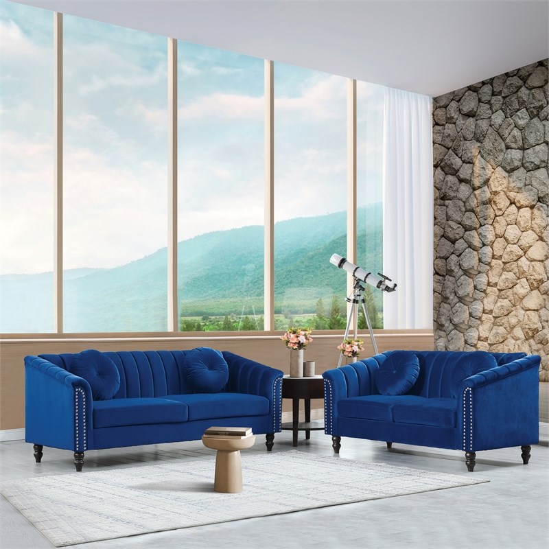 Pemberly Row 2PCs Blue Modern Velvet Microfiber Living Room Sofa with Pillows