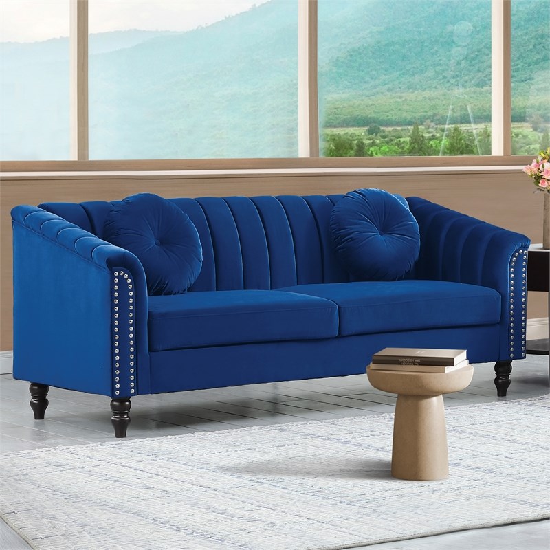 Pemberly Row 2PCs Blue Modern Velvet Microfiber Living Room Sofa with Pillows