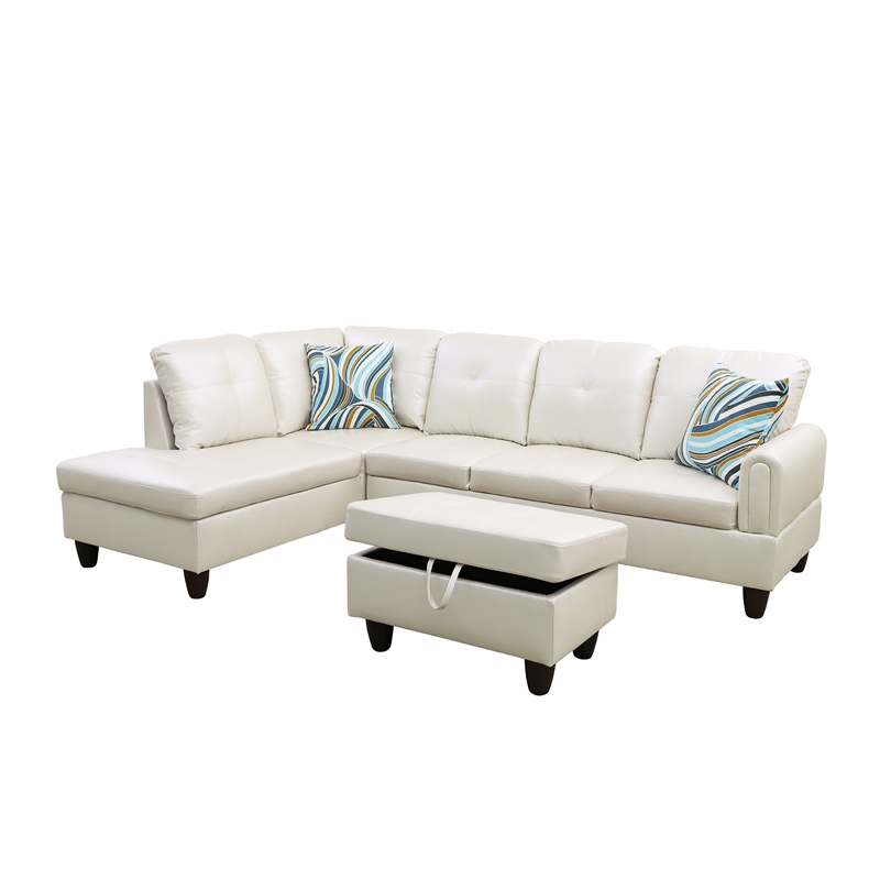 Pemberly Row Contemporary 3-Piece Faux Leather Left Facing Sectional in White
