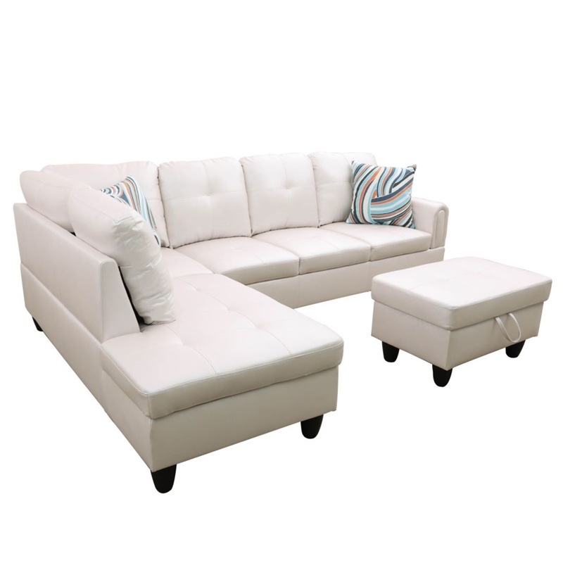 Pemberly Row Contemporary 3-Piece Faux Leather Left Facing Sectional in White