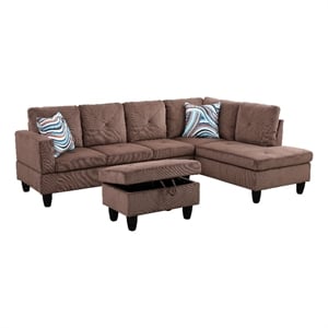 Pemberly Row L-Shaped Brown Microfiber Couch with Ottoman with Pillows
