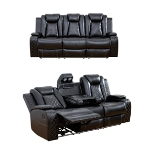 Pemberly Row Contemporary Faux Leather Power Recliner Sofa Loveseat in Black