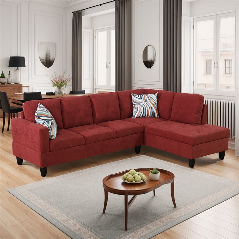 Pemberly Row Contemporary 2 piece Flannelette Sectional Sofa in Red