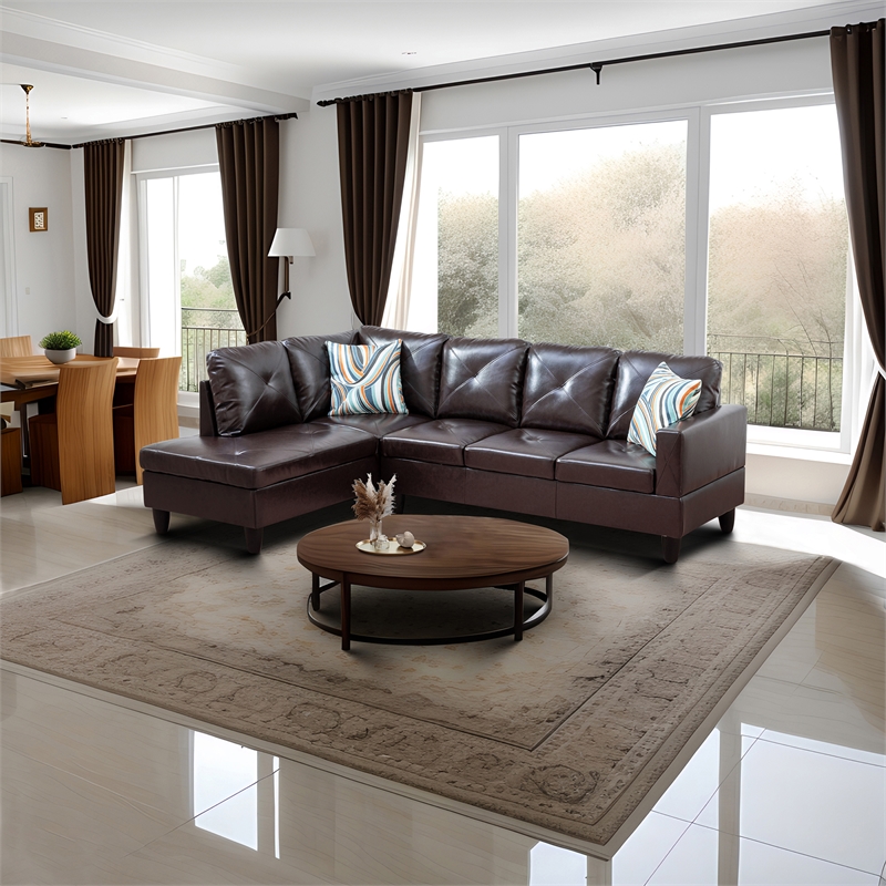 Pemberly Row Contemporary Faux Leather Left Facing Sectional in Brown